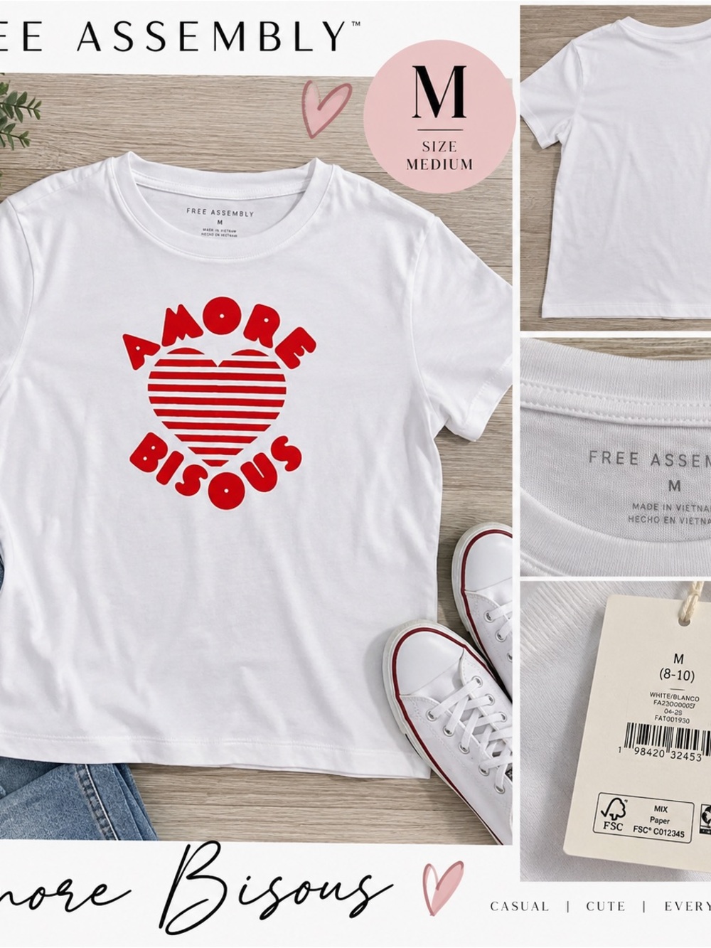 Free Assembly White Short-Sleeve Tee with Red 'Amore Bisous' Heart Graphic